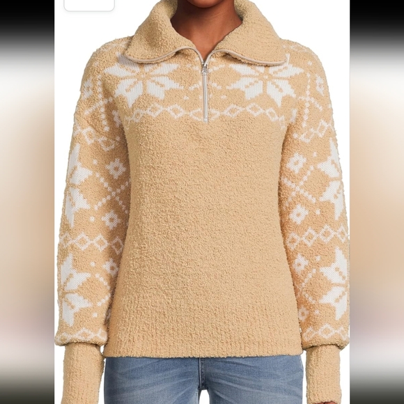 Time & Tru Quarter Zip Pullover Seater Beige Nordic Sz Medium - Picture 2 of 7